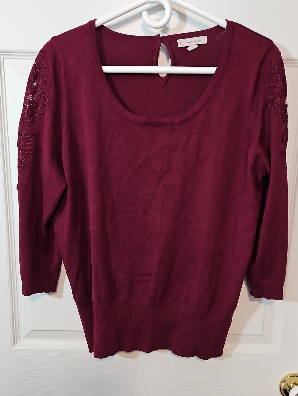Monteau Burgundy Scoop Neck Sweater with Lace Sleeves